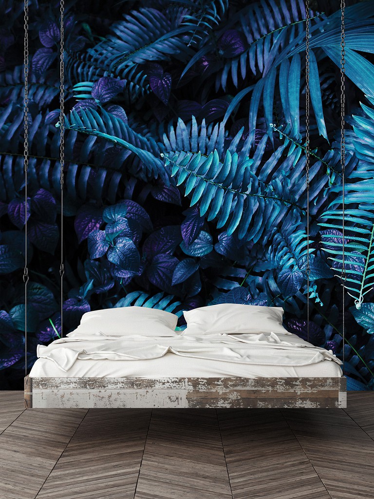 Флізелінові сині 3д фотошпалери папороть 368x280 см Велике темно-зелене листя (12664V10) +клей