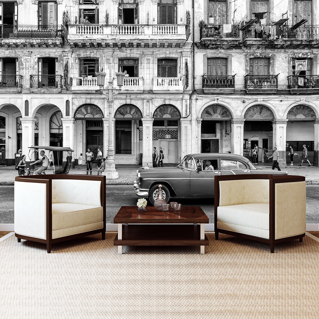 Флізелінові фотошпалери з машинами Місто Архітектура Ретро Авто 312x219 см 3D Чорно-біла вулиця в Гавані (12673VEXXL)+клей