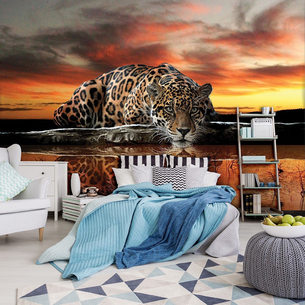 Флізелінові фотошпалери 3д Тварини Кішки Ягуар 416x254 см Відображення леопарда у воді (126VEXXXL)+клей