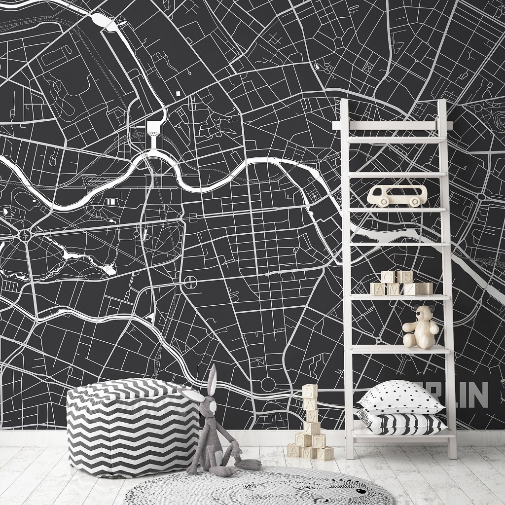Флизелиновые черно-белые фотообои город 368x254 см Карта Берлина (12731V8) +клей