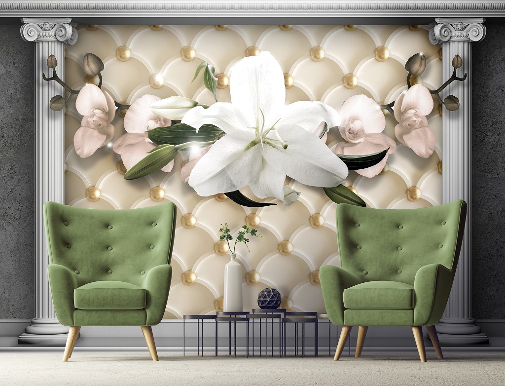 Флизелиновые 3д фотообои в зал 520x318 см Цветы на фоне стены с колоннами (12792VEXXXXXL) +клей