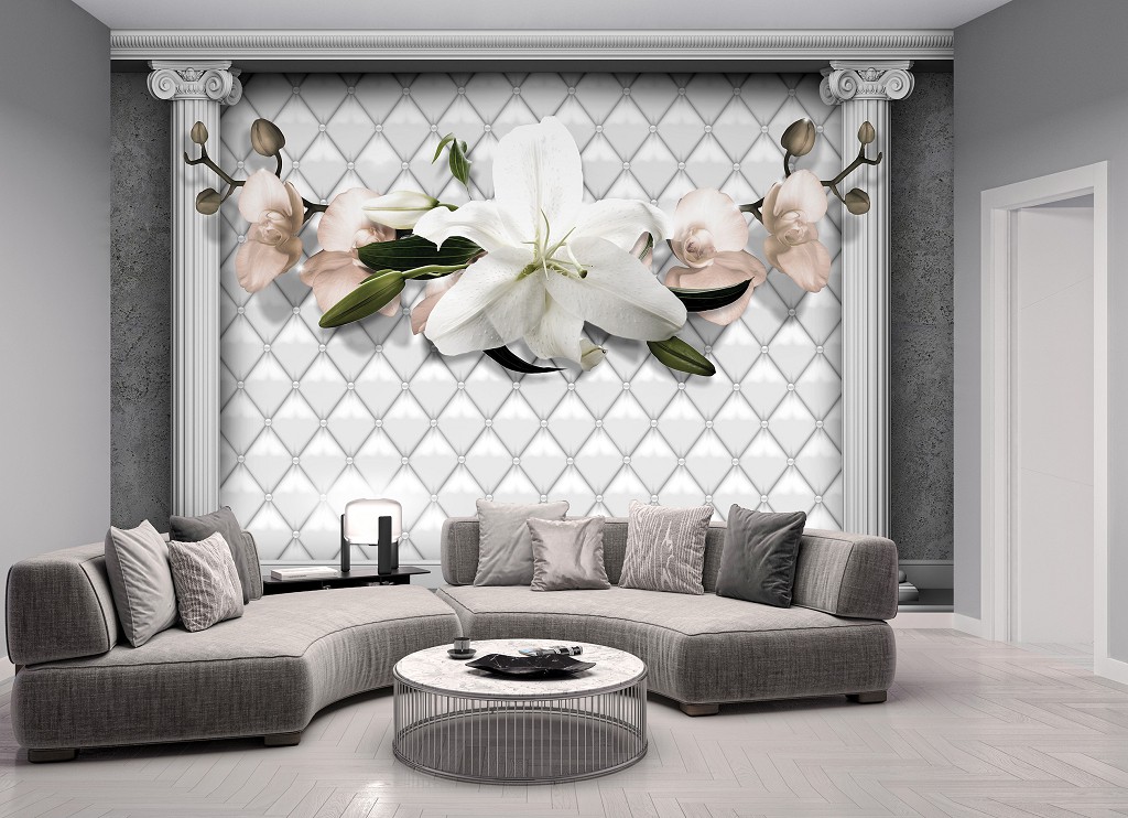 Флизелиновые 3д фотообои на кухню 312x219 см Цветы на фоне белой стены с колоннами (12793VEXXL) +клей