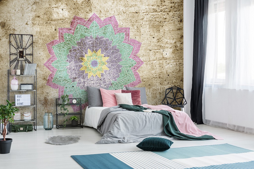 Флізелінові фотошпалери з візерунками 312x219 см Різнокольорова мандала на бетоні (12795VEXXL) +клей