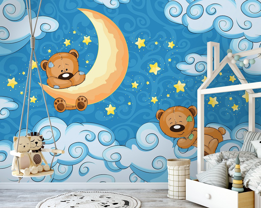 Місяць флізелінові дитячі фотошпалери для маленьких 416x254 см Солодкі ведмедики Тедді (12798VEXXXL) +клей