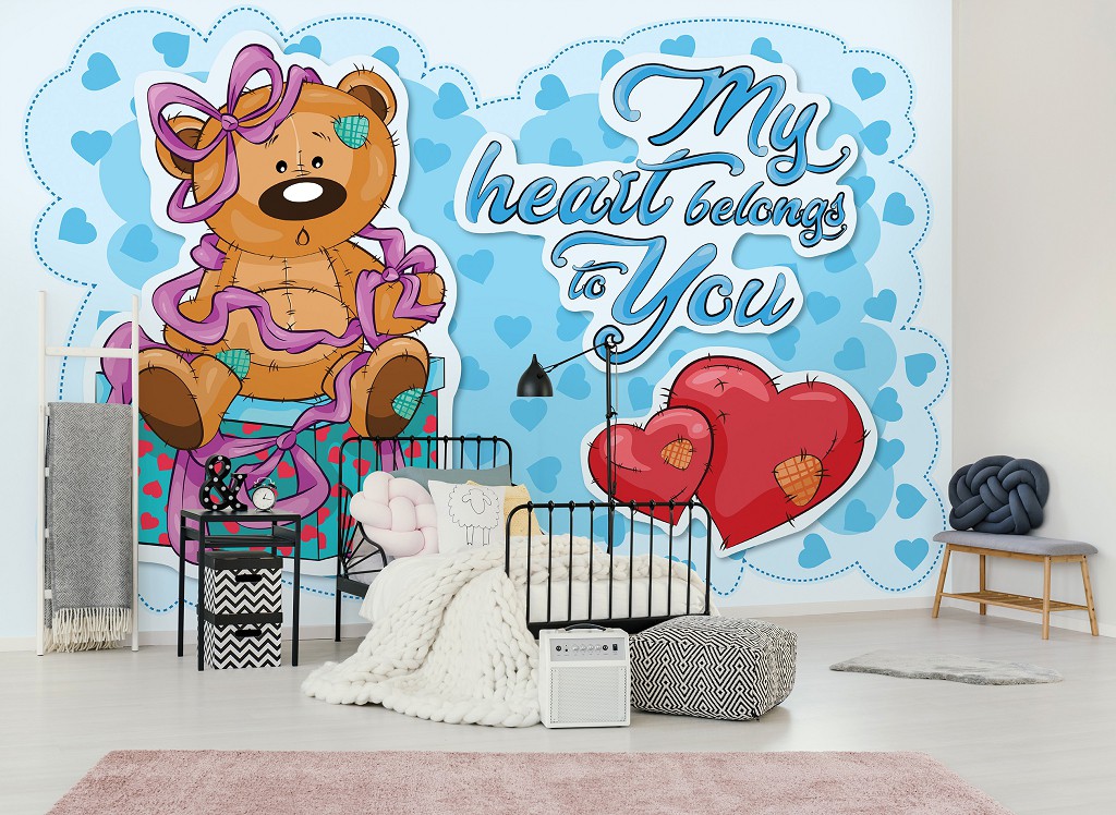 Флизелиновые детские фотообои для маленьких 416x254 см Тедди мишка Мое сердце принадлежит тебе (12800VEXXXL) +клей