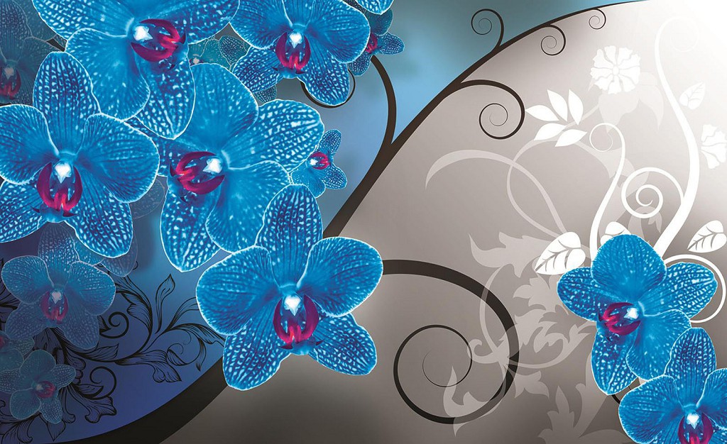 Флизелиновые фотообои прихожая 416x254 см Нарисованные синие орхидеи (1281VEXXXL)+клей