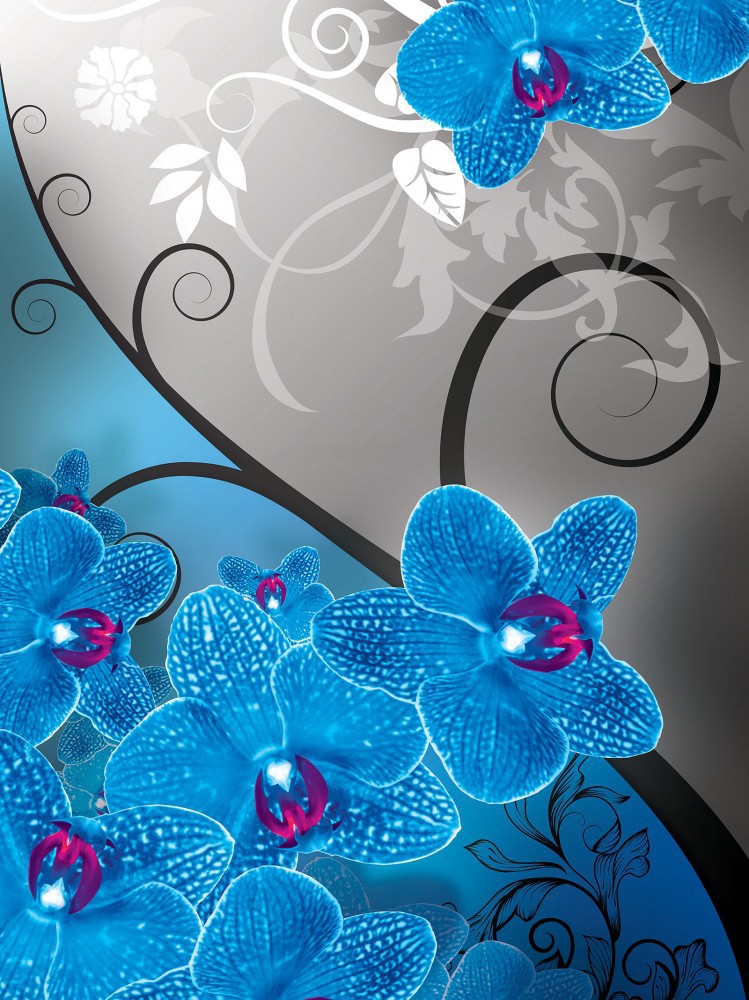 Флизелиновые фото обои узоры цветы 184x254 см Нарисованные синие орхидеи (1281V4A) +клей