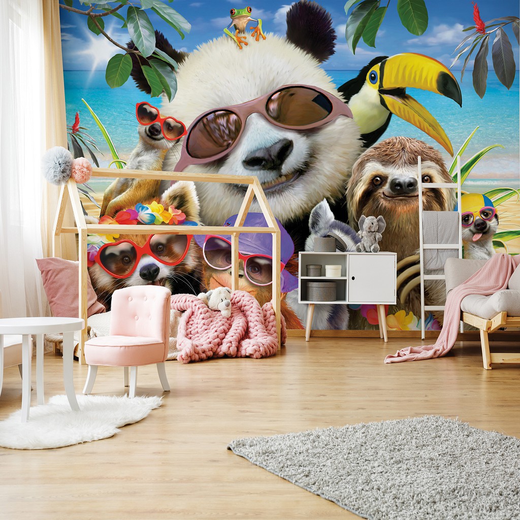 Флізелінові фотошпалери море 254х184 см Веселий селфі тварин в окулярах на пляжі (12867V4)+клей