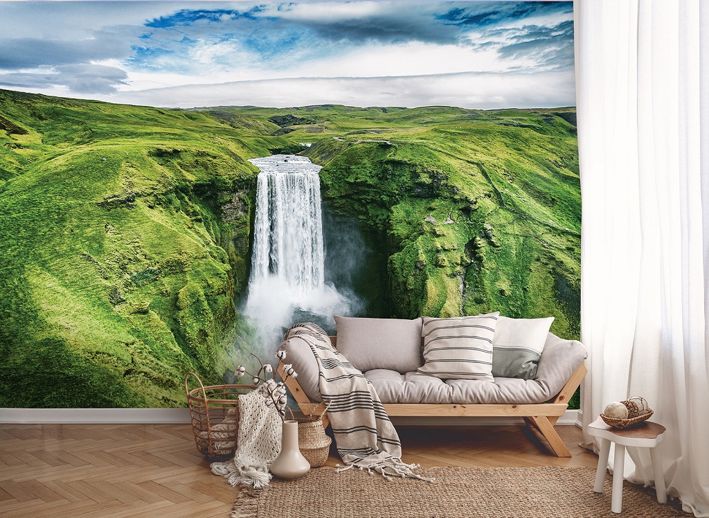 Флизелиновые фотообои природа пейзаж 416x254 см 3D Зеленый водопад Скоугафосс в Исландии (12985VEXXXL) +клей