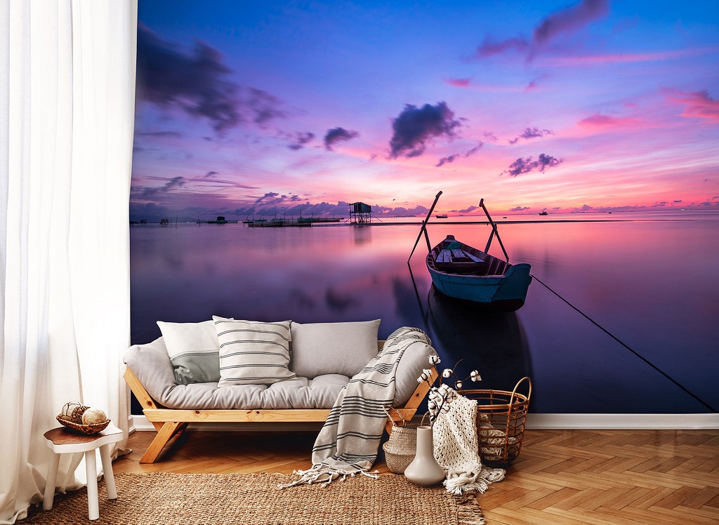 Пейзаж флизелиновые фотообои 3D Природа Ландшафт Озеро Лодка на закате (12995V)+клей