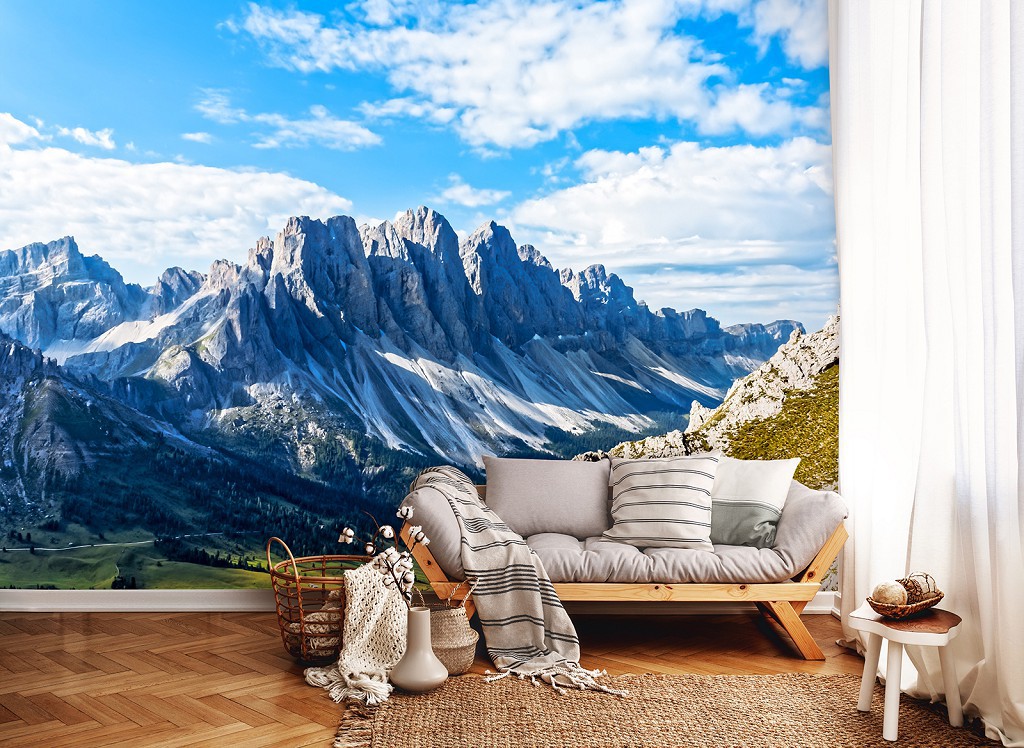 Флизелиновые 3D фото обои Горы Пейзаж Снег Луг 254x184 см Природный парк Пуэц-Гейслер (12997V4)+клей