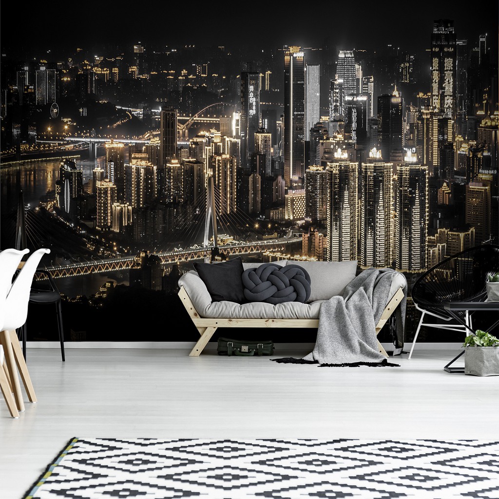 Флізелінові фото шпалери в кімнату Гарне нічне місто 254x184 см 3D Метрополіс Хмарочоси (12998V4)+клей