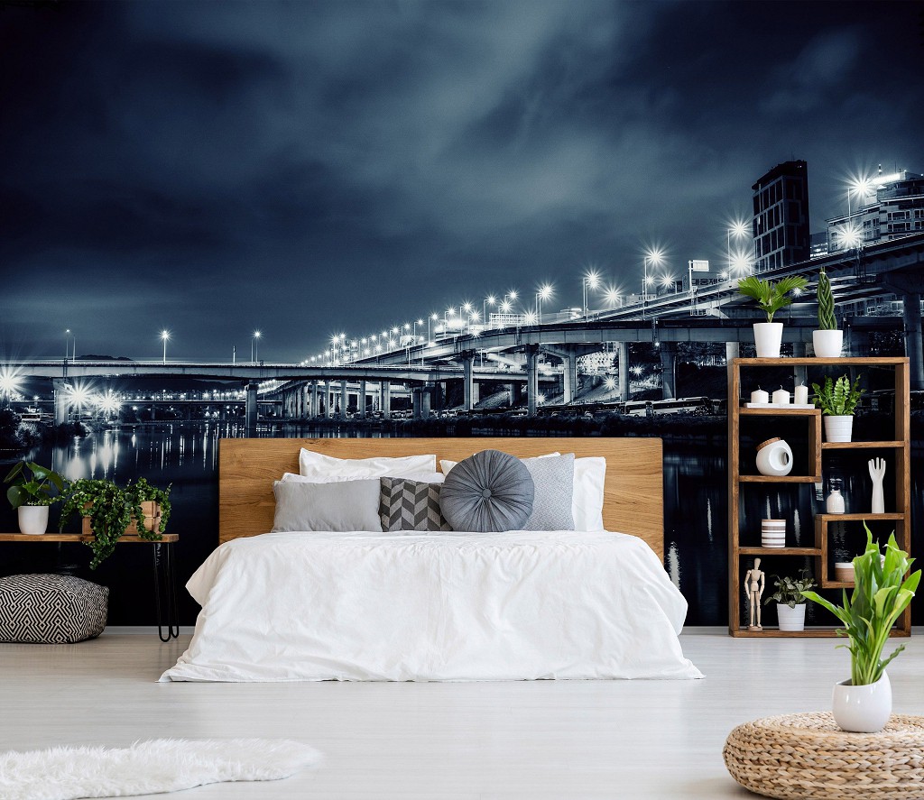 Флізелінові фотошпалери до спальні над ліжком 416x254 см Темне місто вночі (12999VEXXXL) +клей