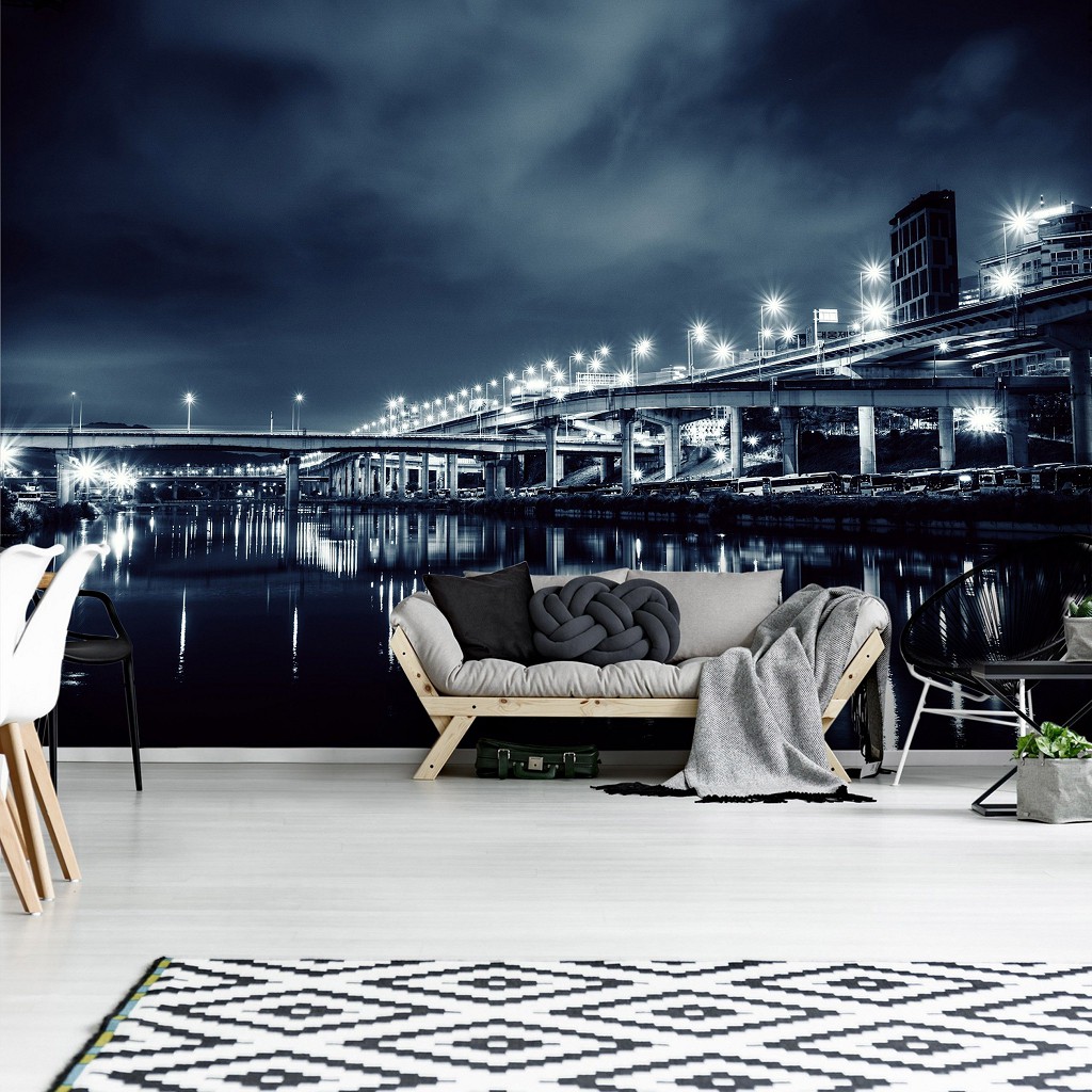 Річка флізелінові фотошпалери Міст Будинки Темне місто вночі (12999V)+клей