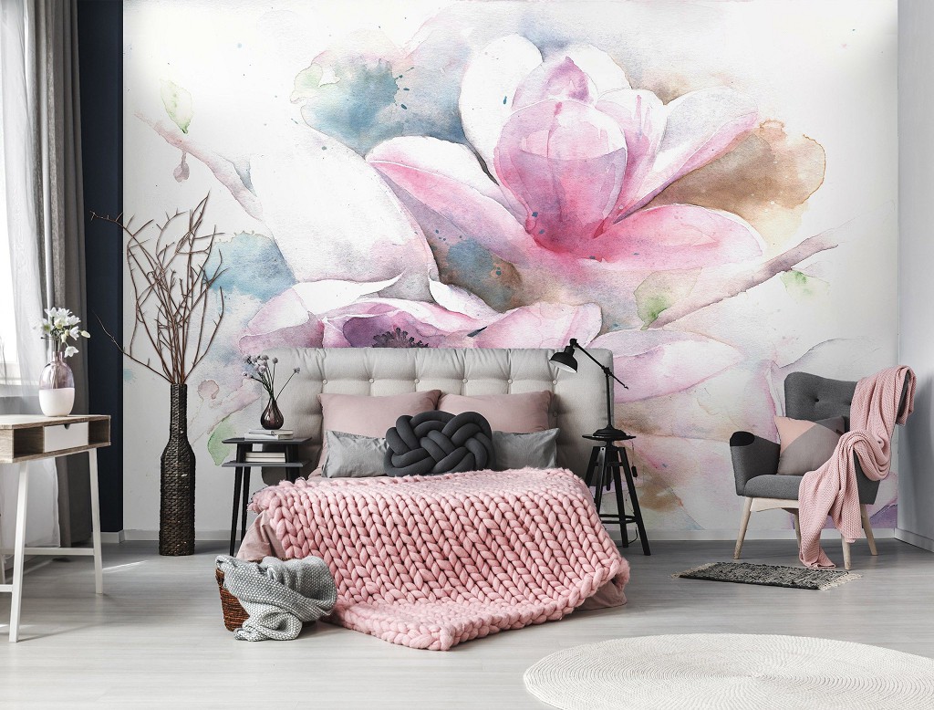 Флизелиновые фотообои в зал 368x280 см Живопись - Пастельные акварельные цветы (13008V10) +клей