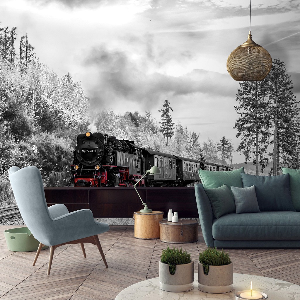 Флізелінові фотошпалери ліс на стіні 368x254 см Транспорт Потяг Чорно-Білий Паровоз (13010V8)+клей