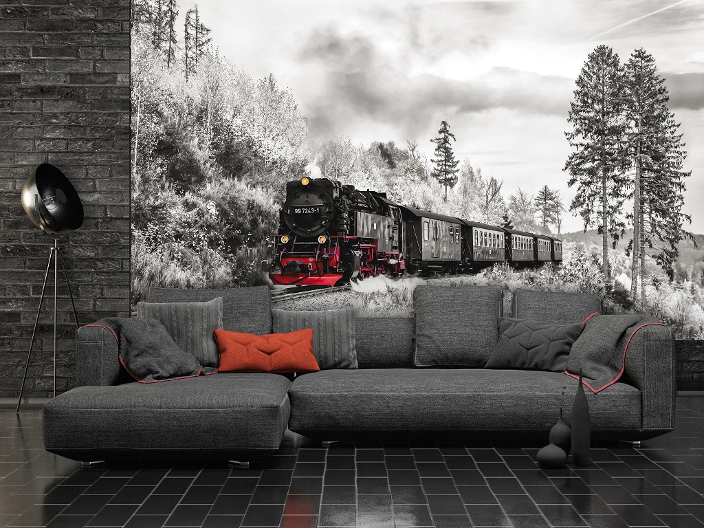 Флізелінові фотошпалери ліс 416x254 см Транспорт Потяг Чорно-Білий Паровоз (13010VEXXXL)+клей