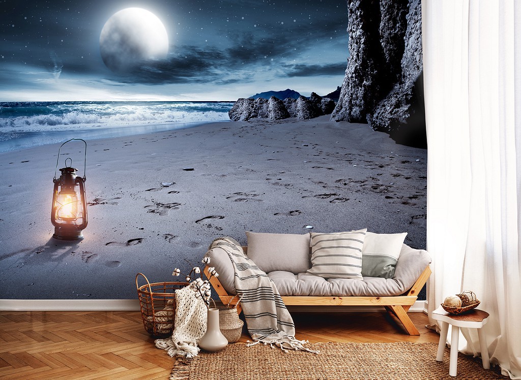 3д флізелінові фотошпалери Нічний Місяць - Морський пляж (13016V)+клей