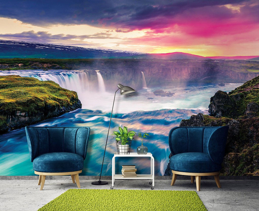 Флизелиновые фотообои закат в интерьере 3D Природа 416 x 290 см Красочный волшебный водопад (13024VEXXXXL)+клей