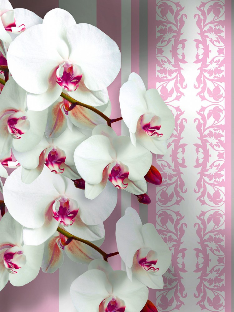 Дизайн зала флизелиновые фотообои 206x275 см 3Д Орхидеи и светло-розовый узор (1302VEA)+клей