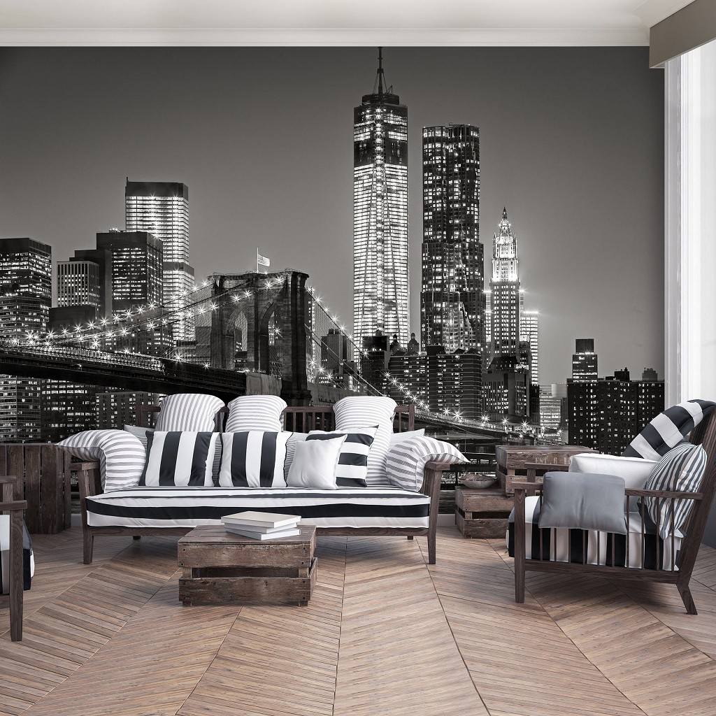 Флизелиновые фотообои бруклинский мост в интерьере Город Нью-Йорк ночью (13032V)+клей