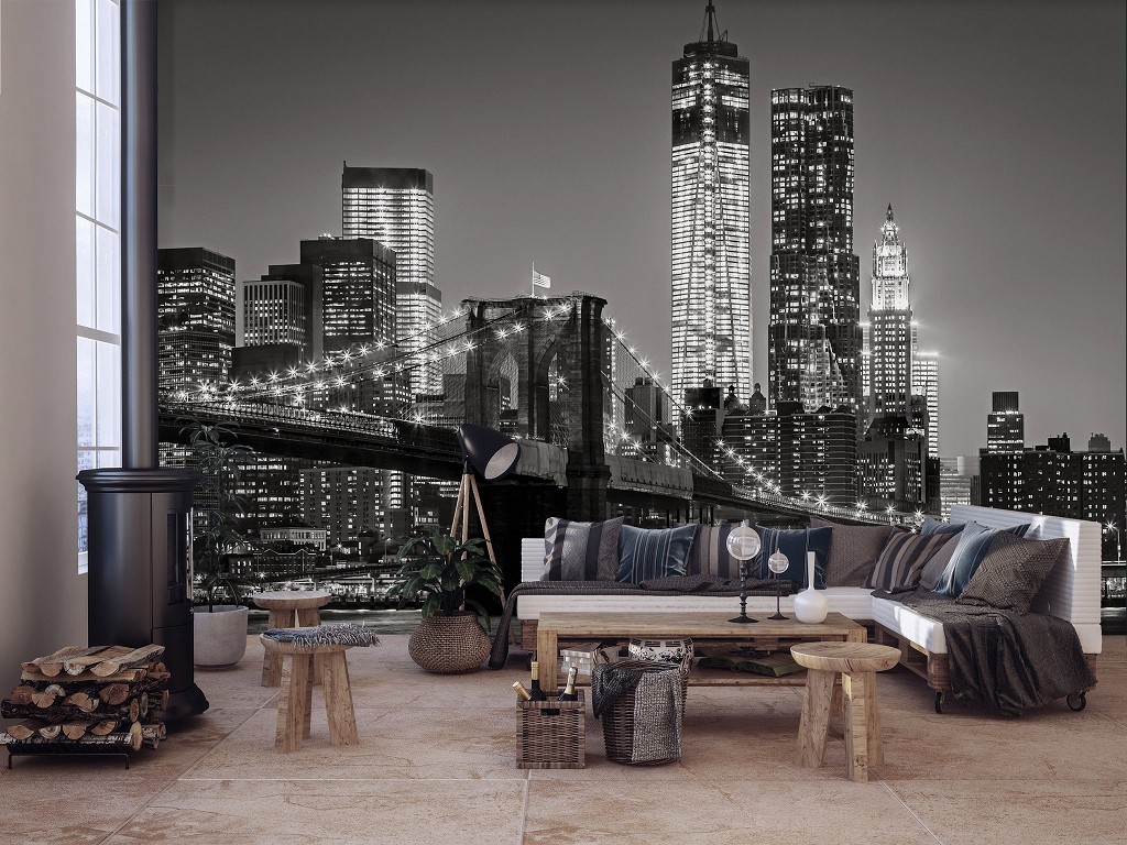 Флизелиновые обои города фото 254 x 184 см Нью-Йорк: Ночной бруклинский мост 13032V4+клей