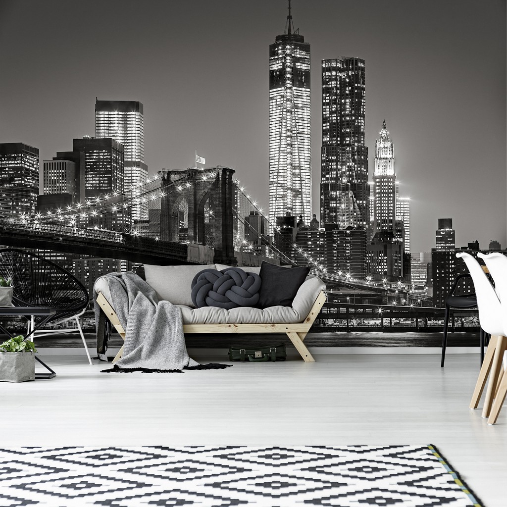 Флізелінові фото шпалери нічне місто в кімнату 416x254 см Нью-Йорк: бруклінський міст 13032VEXXXL+клей