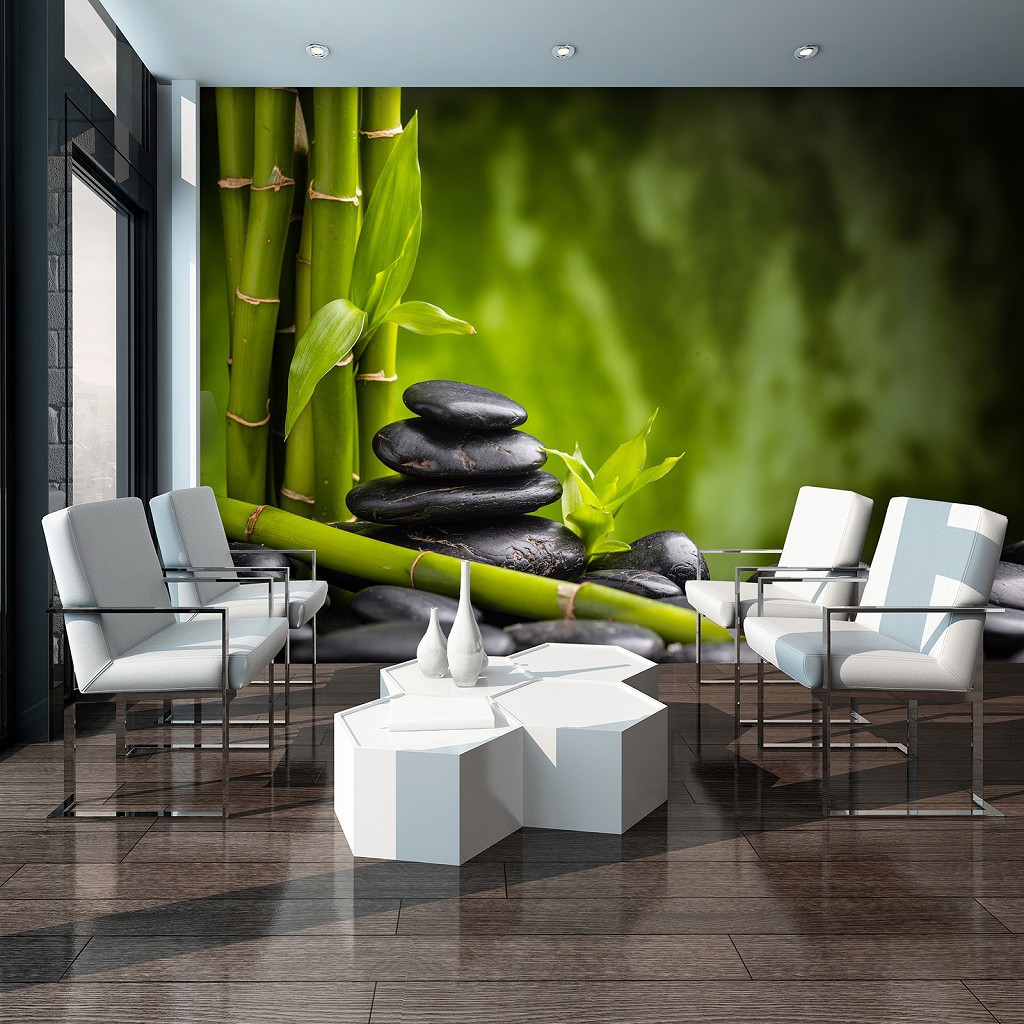 Флизелиновые фотообои в спальню 3D СПА 416 x 254 см Природа - Черные камни и бамбук (13036VEXXXL)+клей