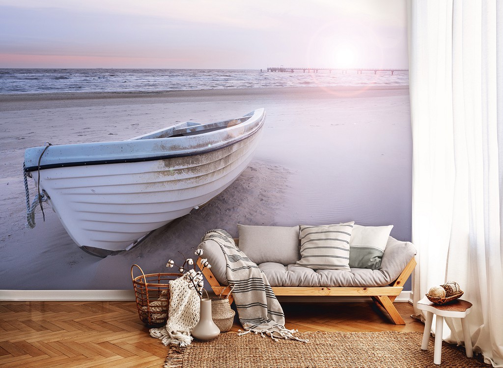 Літні флізелінові 3D фотошпалери море 368x280 см Човен на пляжі (13050V10)+клей