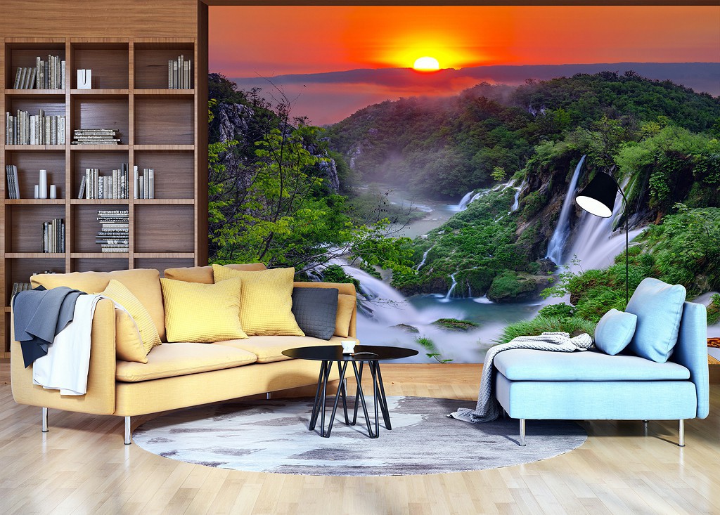 Флізелінові фотошпалери 3D Ландшафт Захід сонця Амазонка Джунглі Природа - Водоспад під барвистим заходом сонця (13055V)+клей
