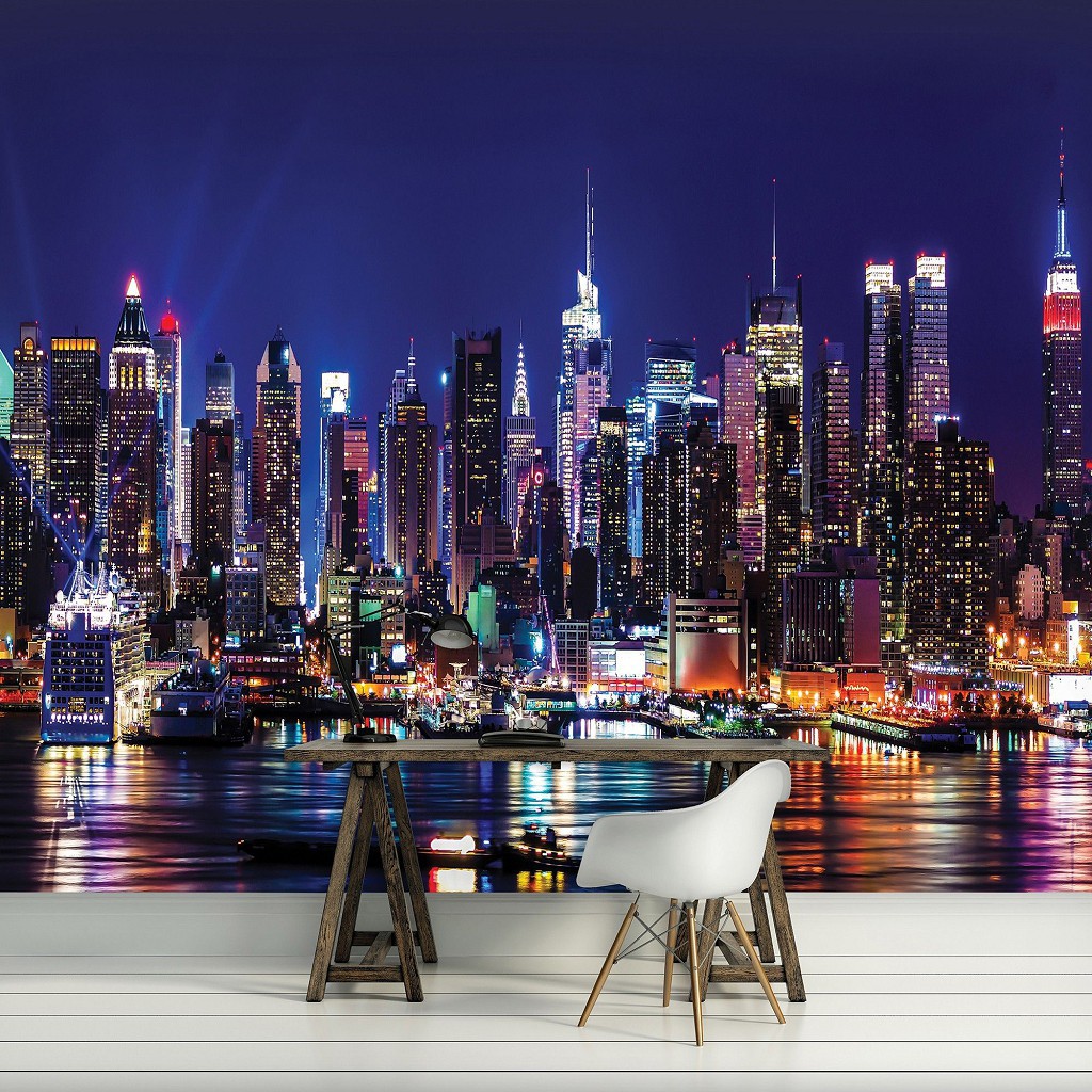 Флізелінові фотошпалери на стіну міста світу Мегаполіс Хмарочоси Панорама 312x219 см Причал Нью-Йорка вночі (1310VEXXL)+клей