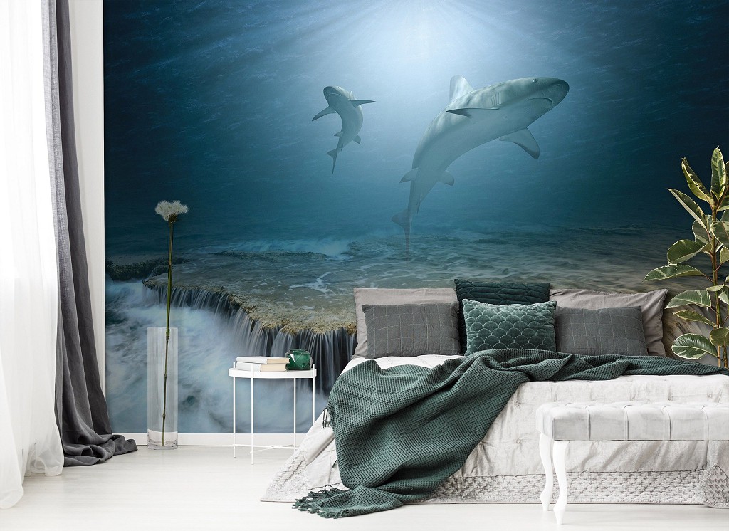 Флизелиновые фотообои море 3D Животные - Акулы на рифе (13161V)+клей