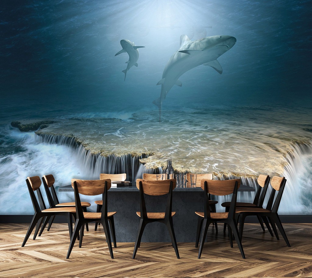 3D Флизелиновые фото обои с морем 254 x 184 см Животные - Акулы на рифе (13161V4)+клей