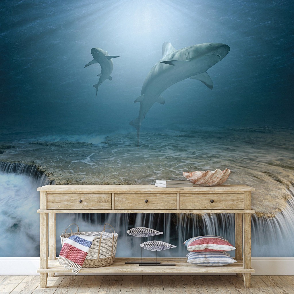 3D Вид на море флизелиновые фотообои 368 x 254 см Животные - Акулы на рифе (13161V8)+клей