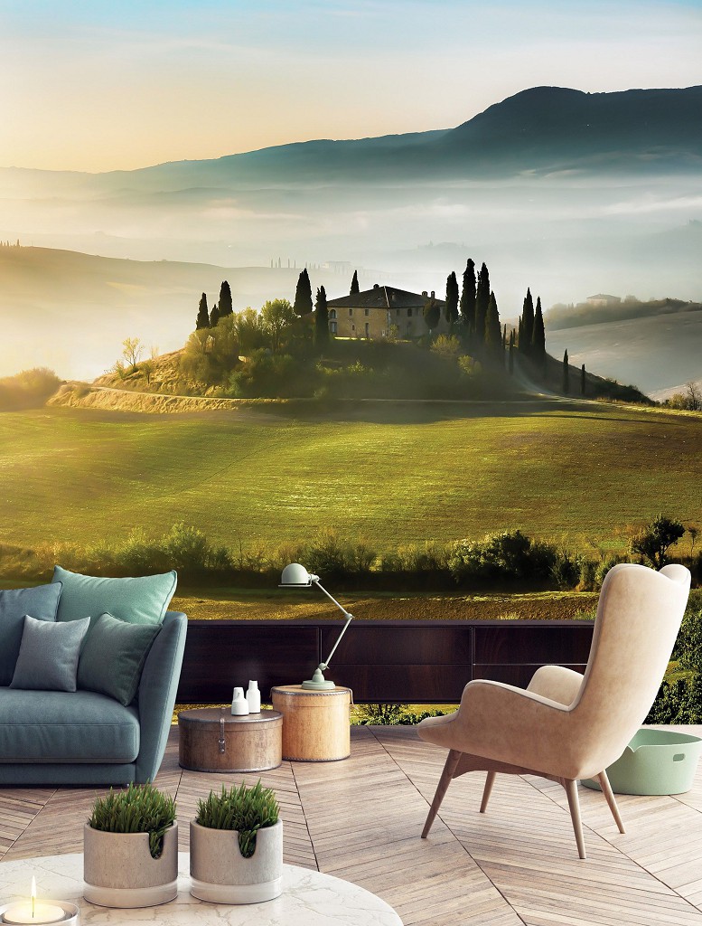 Флизелиновые фото обои Тоскана Сельские поля Горы Солнце 254 x 184 см Пейзаж - Дом на холме (13307V4)+клей