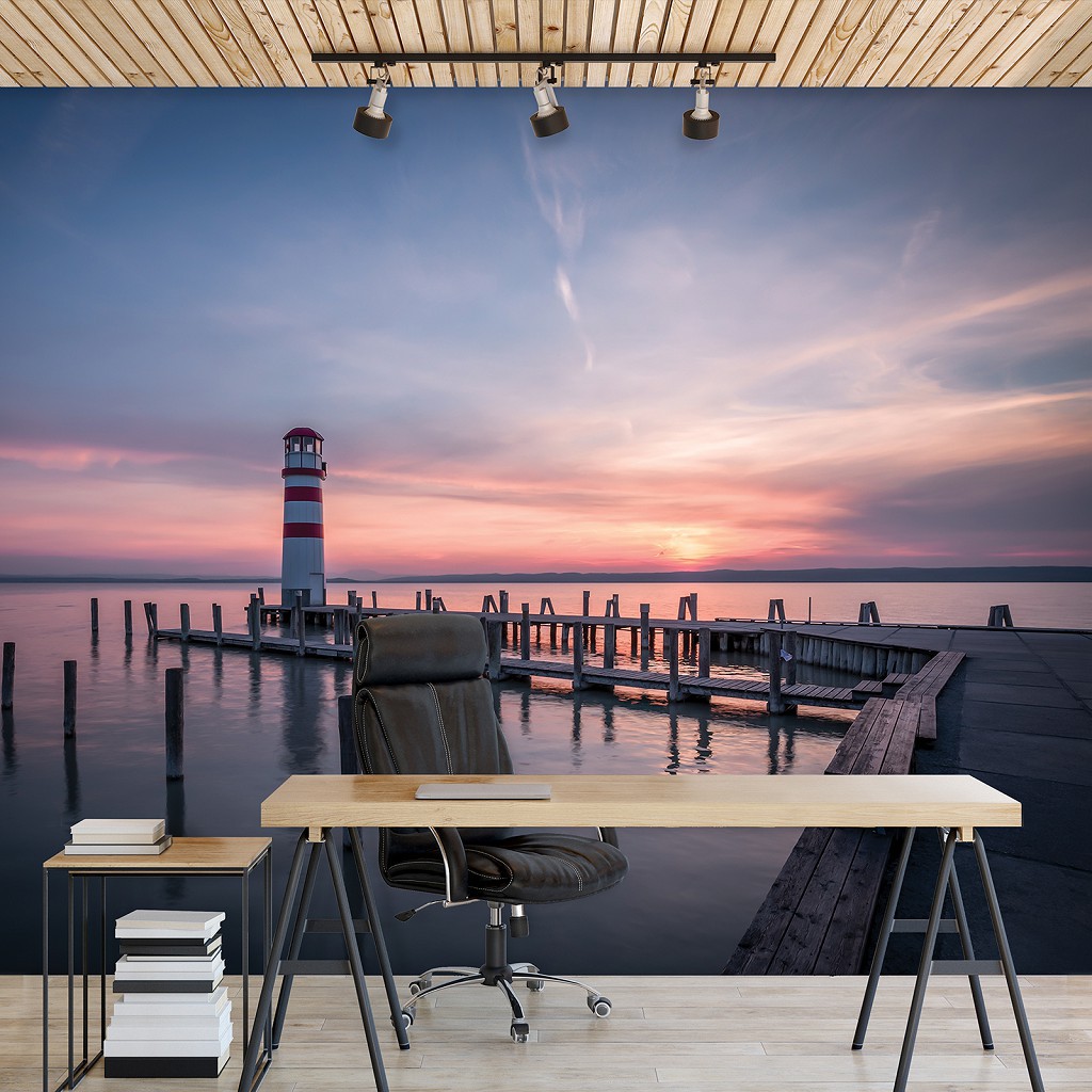 Флизелиновые фотообои в спальню над кроватью 368 x 280 см 3D Море - Маяк причал и закат (13316V10)+клей