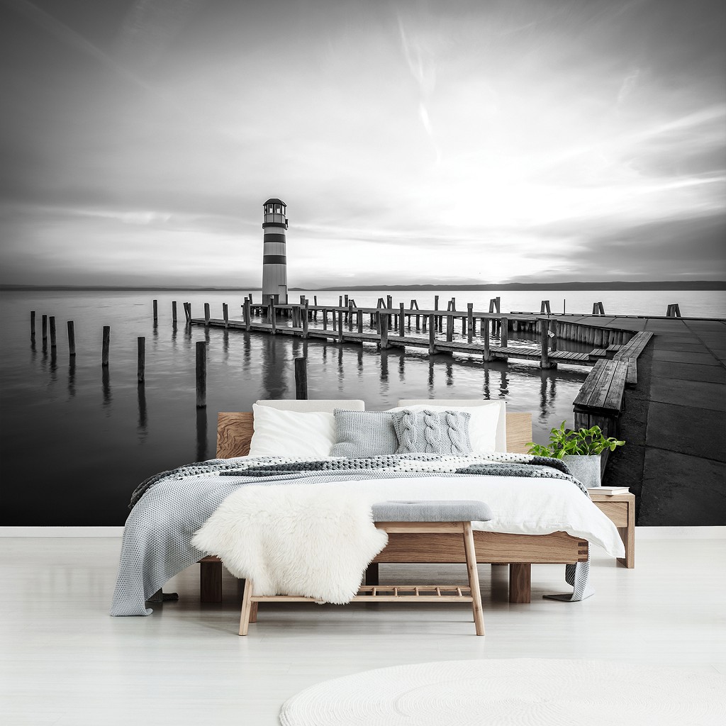 Флизелиновые 3D фотообои природа 416 x 254 см Море - Причал маяк и закат (черно-белый) (13317VEXXXL)+клей