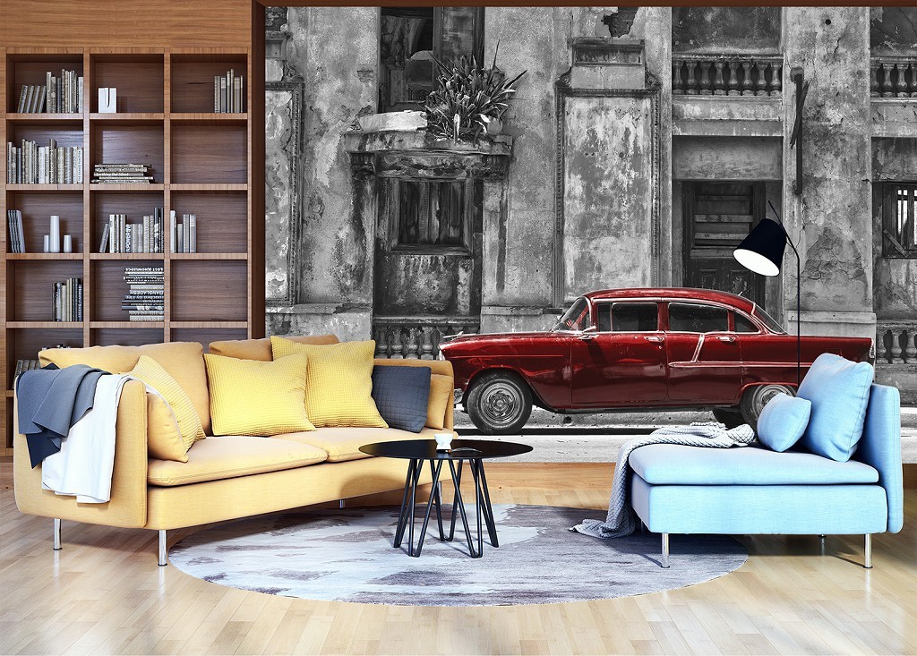 3D Флізелінові авто фото шпалери 254 x 184 см Транспорт - Червона машина на чорно-білому тлі (13319V4)+клей