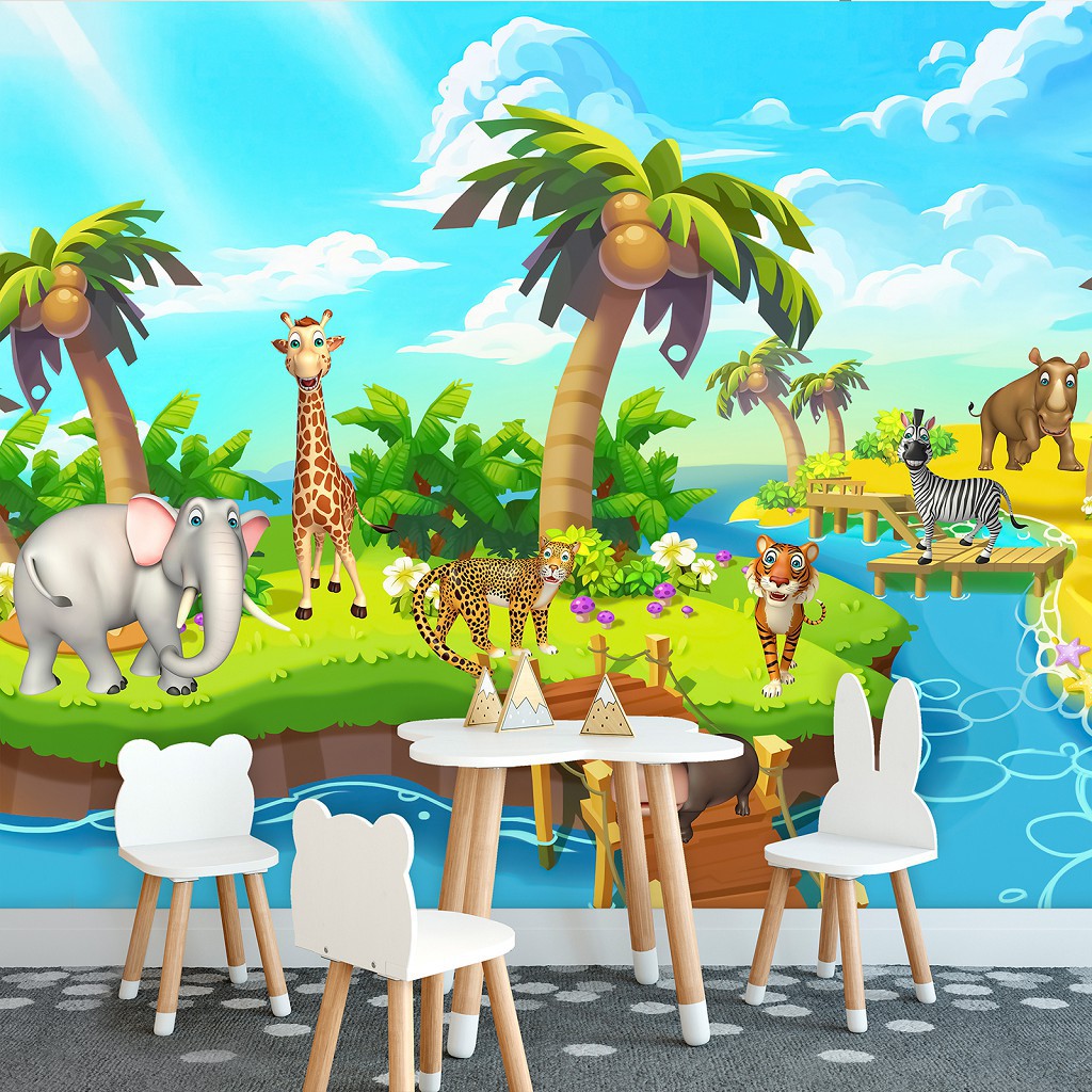 Флизелиновые фото обои детские 254 x 184 см Зверята на острове 13328V4+клей