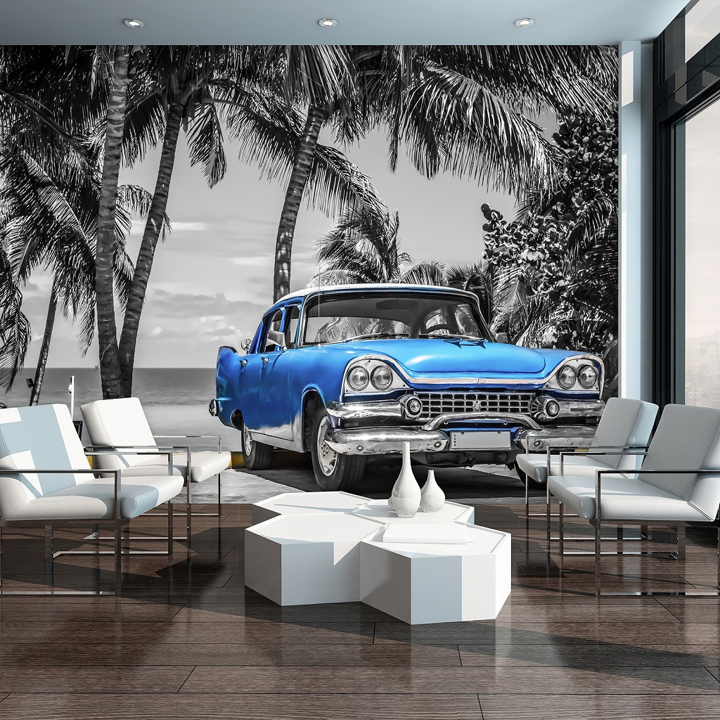 Флізелінові 3D фотошпалери 416x254 см Транспорт - Стара блакитна машина на стоянці (13335VEXXXL)+клей