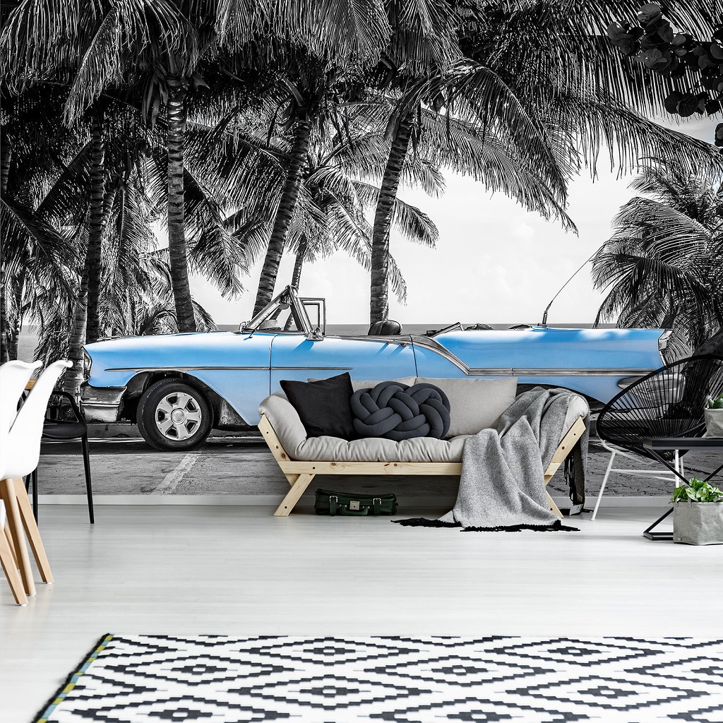 3D дерево на флізелінових фото шпалерах 416x290 см Транспорт - Стара блакитна машина на стоянці (13336VEXXXXL)+клей