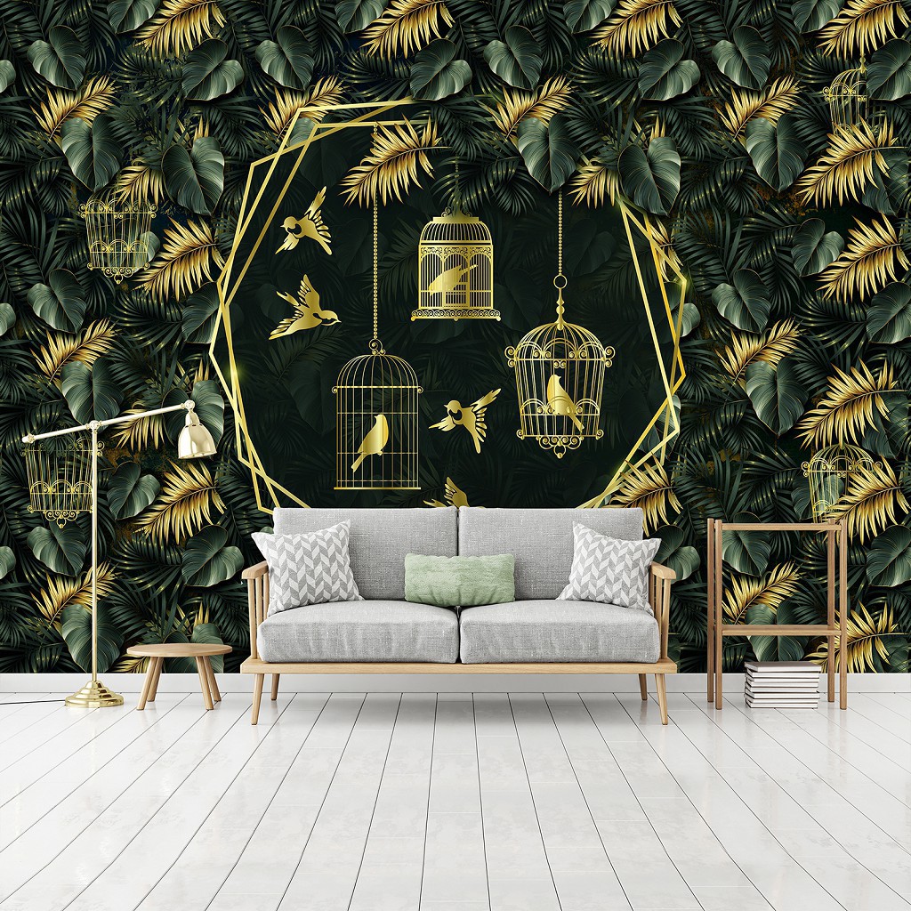 Флизелиновые фотообои с зелеными листьями 312x219 см Птицы в клетках (13338VEXXL) +клей