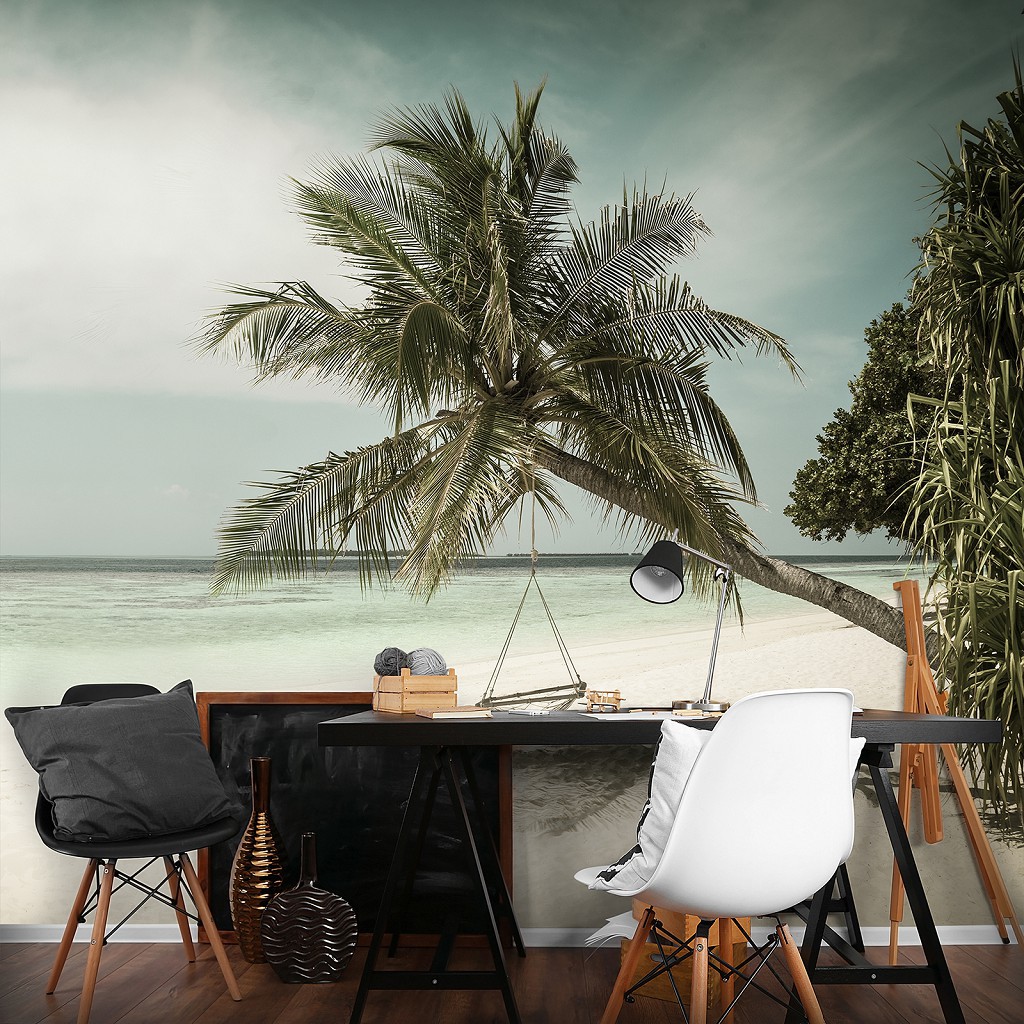Флизелиновые фотообои Океан 3D Природа Песок Солнце Море - Одинокая пальма на пляже (13344V)+клей