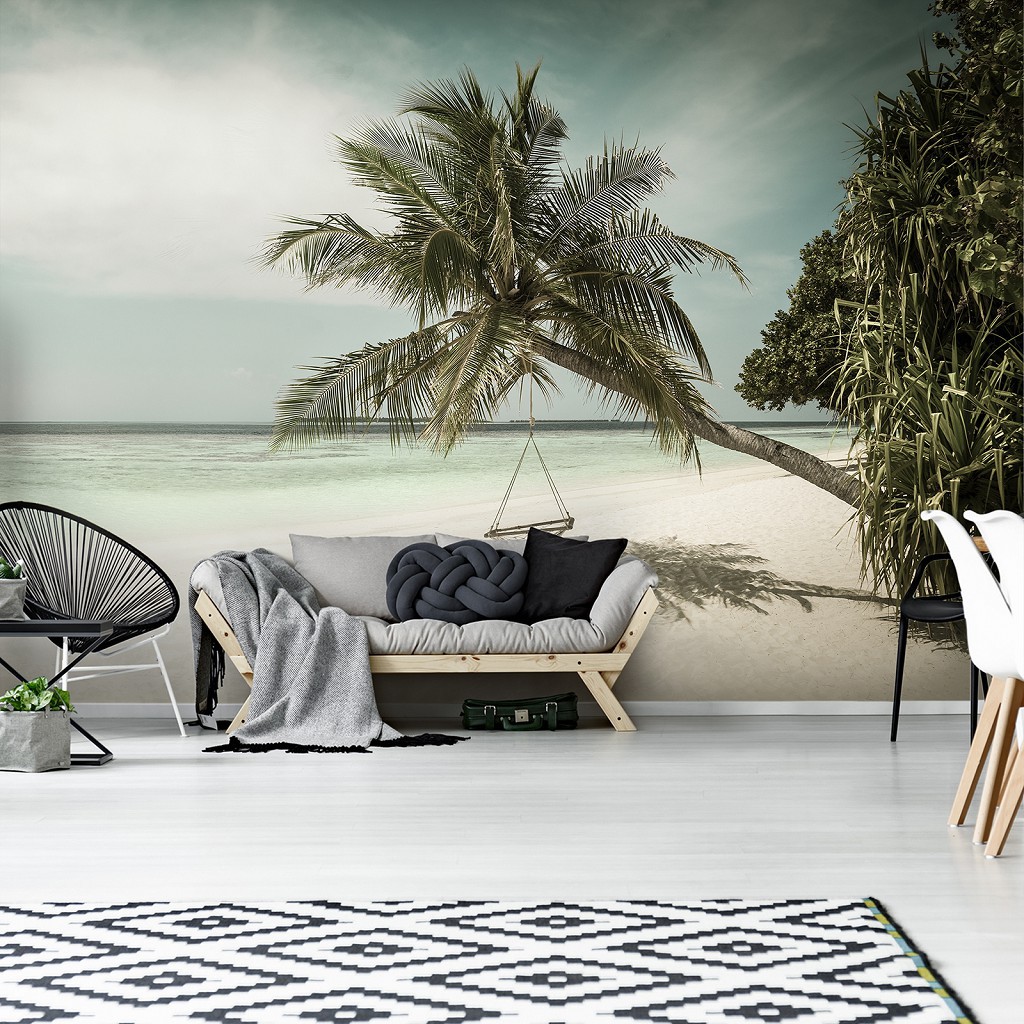 Флізелінові 3D фотошпалери дерева 368x280 см Море - Самотня пальма на пляжі (13344V10)+клей