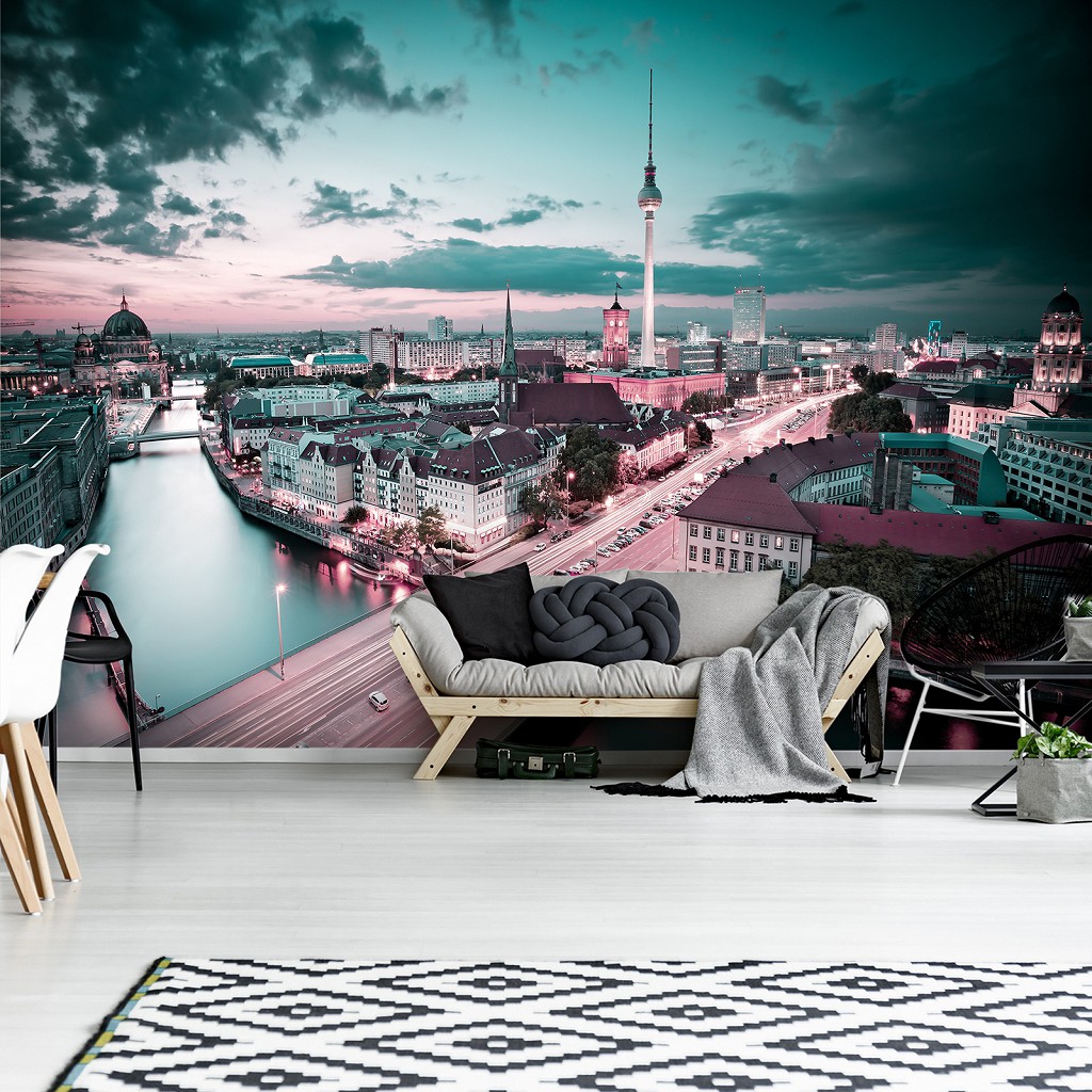 3D Флізелінові фотошпалери з містами в інтер'єрі 254 x 184 см Берлін - Міст та Телевежа (13359V4)+клей