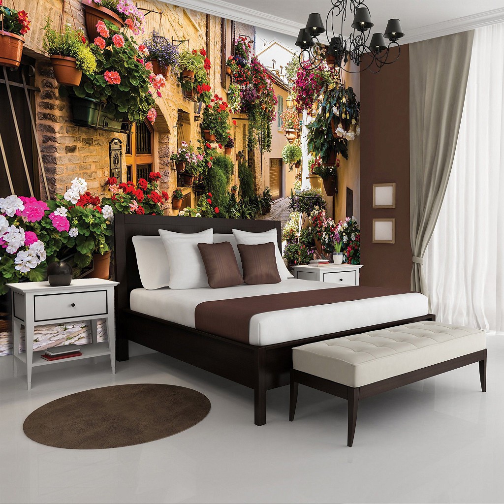 Флізелінові фотошпалери природа Архітектура Алея Провулок Італія 368x280 см 3Д Вулиця з квітами (1339V10)+клей