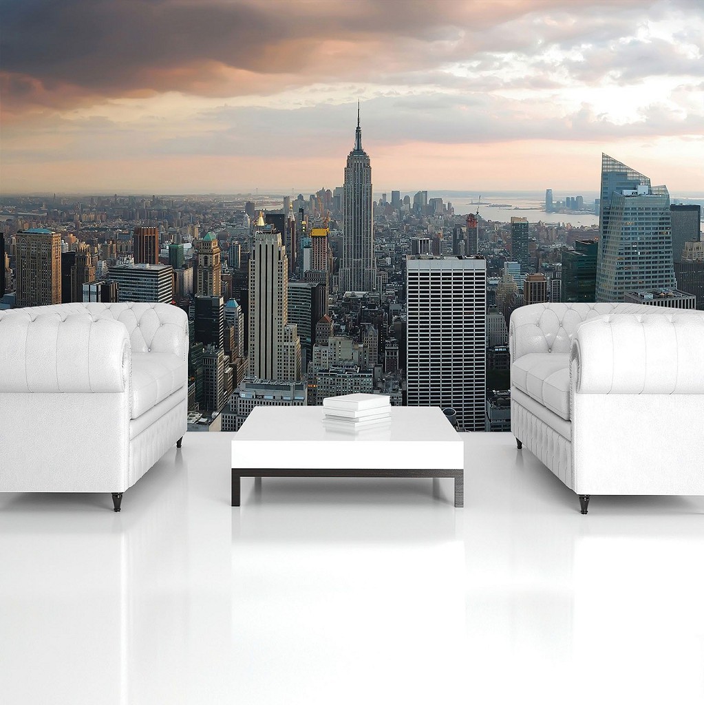 Флізелінові шпалери місто в інтер'єрі фото 3D Хмарочоси Небо 416x254 см Нью-Йорк Вид (133VEXXXL)+клей
