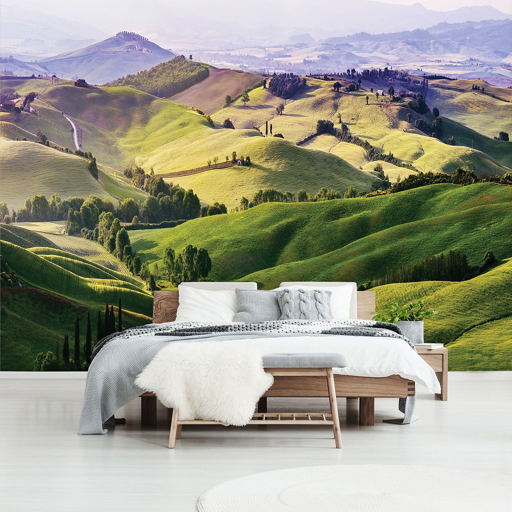 Флизелиновые фотообои 3д природа Тоскана Горы Пейзаж - Поля холмов до горизонта (13459V)+клей
