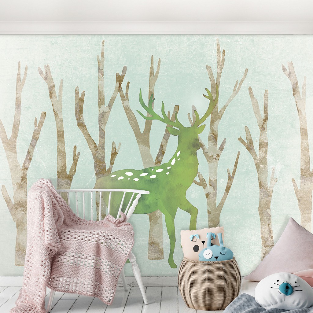 Флизелиновые фото обои ветки 254x184 см Зеленый олень (13495V4)+клей