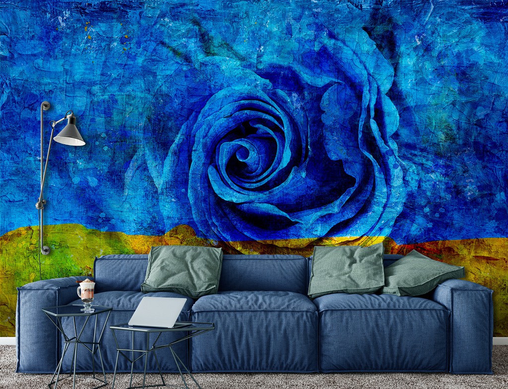 Квіти флізелінові фотошпалери 416x290 см Блакитна жовта троянда (13499VEXXXXL)+клей